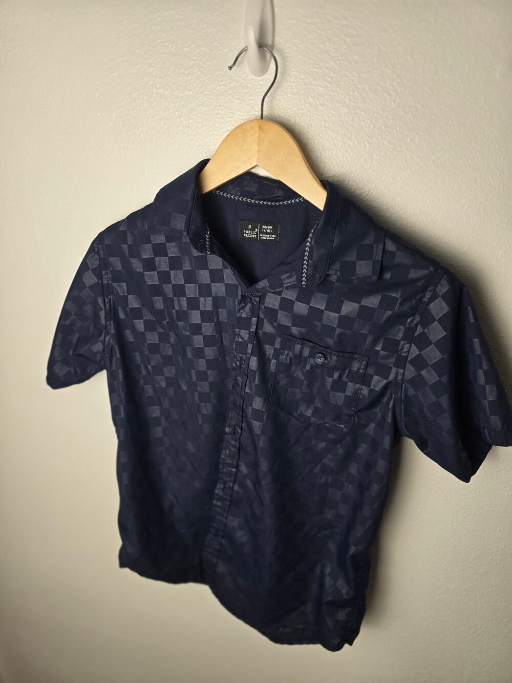 Public Record Shirt Boys 14/16 L Navy Checkerboard Satin Button Up Streetwear